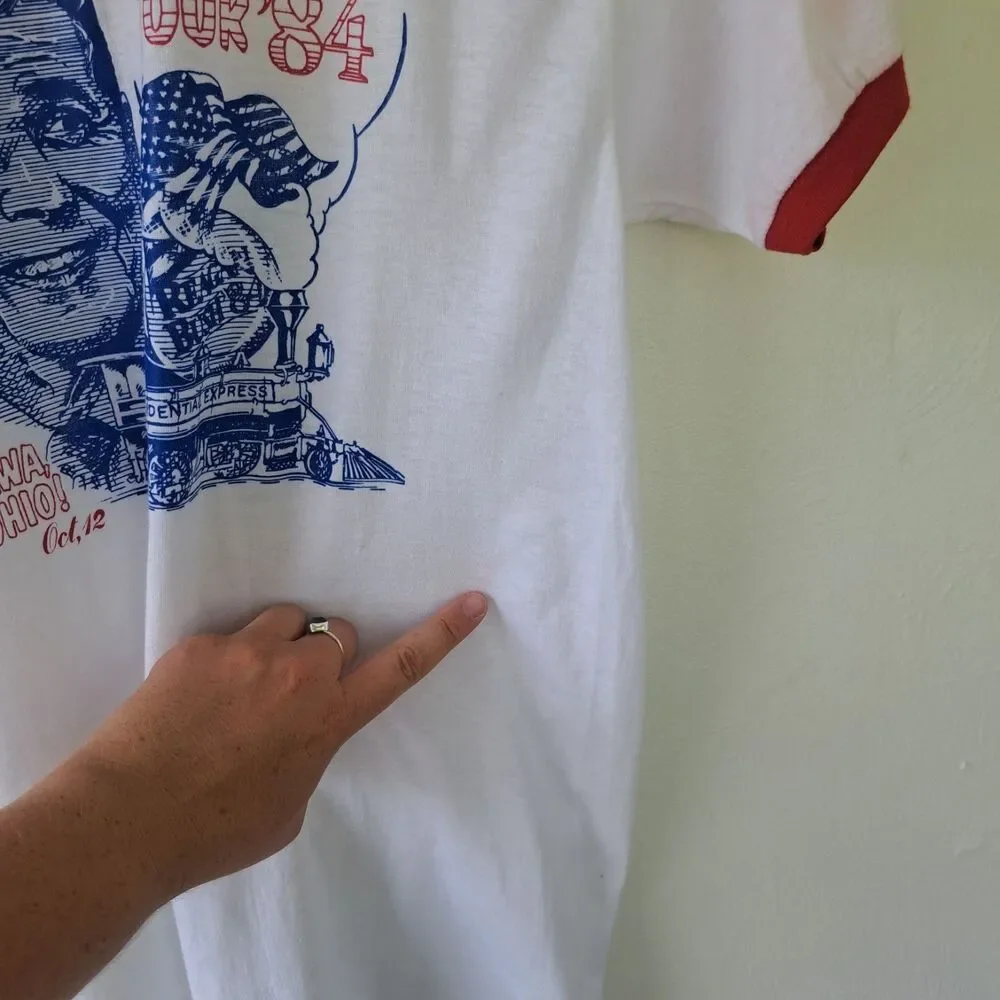 Vintage Political Campaign Ringer TShirt 1984 Reagan Bush Whistle Tour FLAW READ